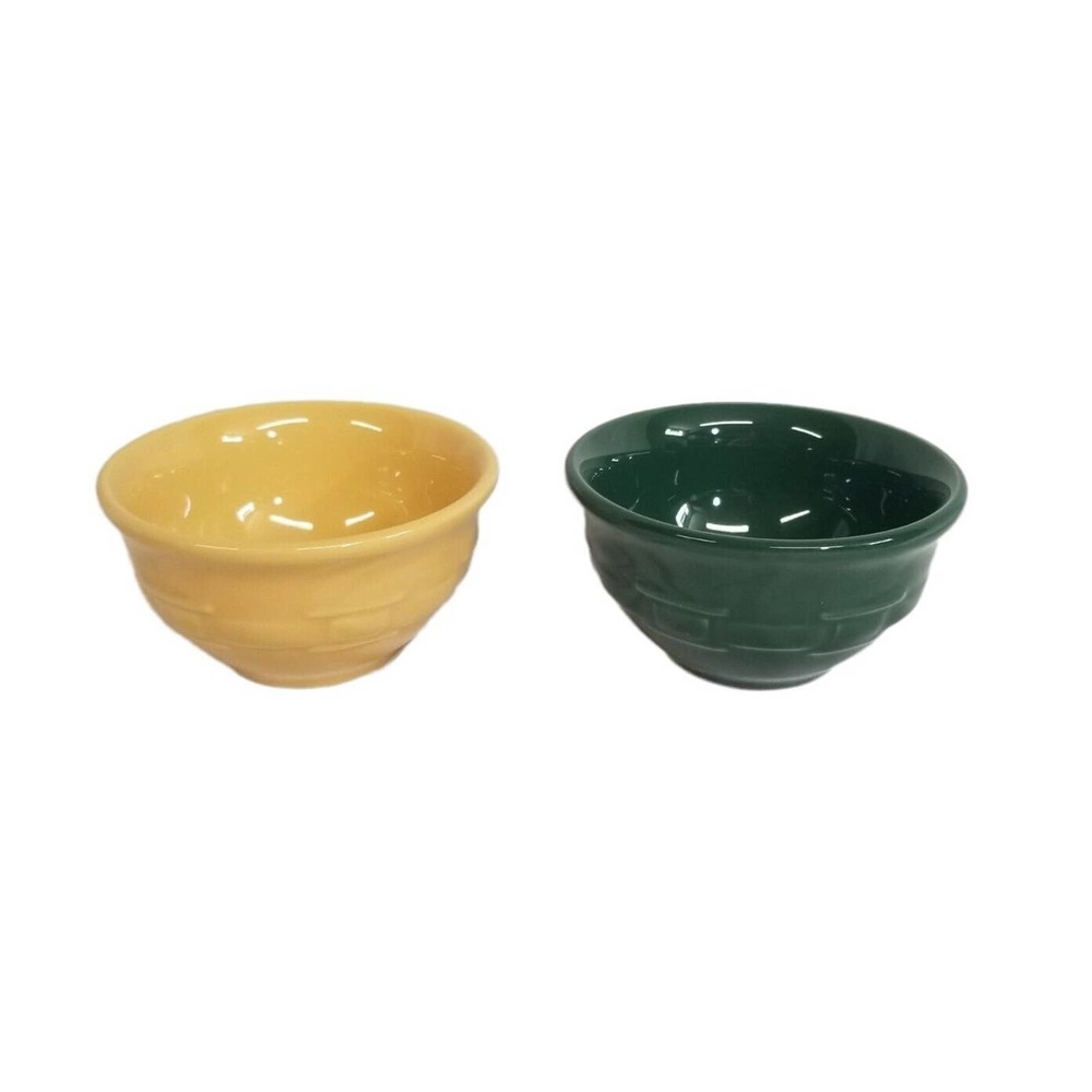 Longaberger Pottery Woven Traditions Pair of 2 Green & Yellow 4" Dessert Bowls